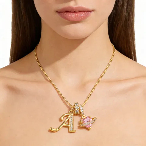 Collar de Colgante de Corazón Rosa y Letra Inicial de Zirconia Chapado en Oro Cadena de Caja Joyería para Mujer Niña