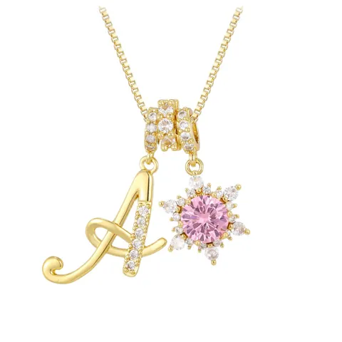 Fashion Gold Plated Copper Initial Zirconia Necklace Pink Snowflake Alphabet Pendant Box Chain Jewelry For Women Gift