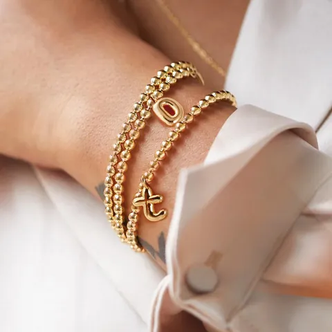 Retro Gold Copper Beaded Bracelet With Bubble Initial 26 Alphabet Letter Pendant Fashion Jewelry For Unisex Daily Gift