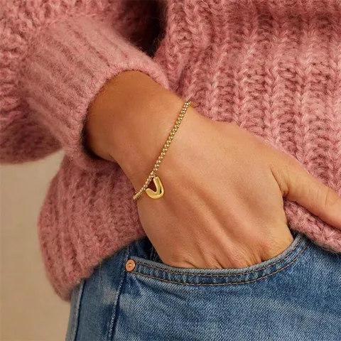 Retro Gold Copper Beaded Bracelet With Bubble Initial 26 Alphabet Letter Pendant Fashion Jewelry For Unisex Daily Gift