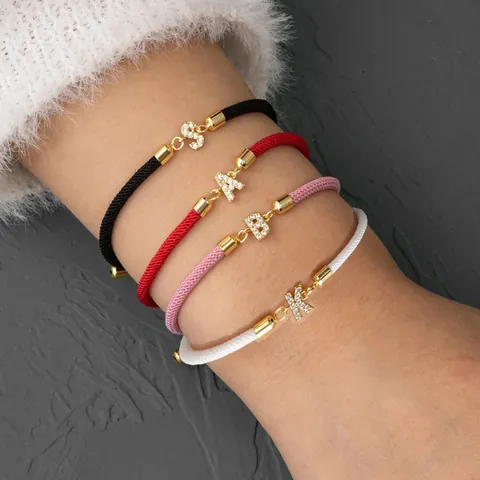 Bracelet En Corde Tressée Réglable Femmes Hommes Cuivre Plaqué Or Lettre Initiale A-Z Zircone AAA Incrustée Bijoux