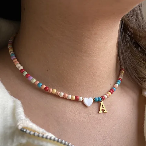 Initial Letter Necklace Colorful Beaded 316L Stainless Steel Clavicle Chain Heart Shell Bohemian Style For Women