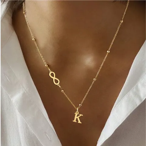 Initial Letter Pendant Necklace Stainless Steel Infinity Symbol Beaded Ball Chain Gold Tone Jewelry For Women Fashion Gift