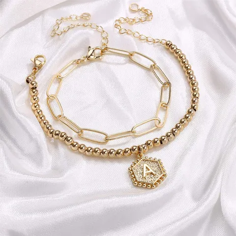 4Stuks Mode Goud Beginletter Armband Set Voor Vrouwen Kralen Gelaagde Paperclip Ketting Roestvrij Staal Koperen Sieraden