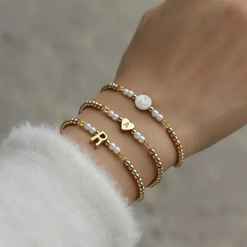 Personalisiertes Alphabet Initial Herz Rundes Muschel Künstliche Perlenarmband Mit Künstliche Perlenimitat Verstellbare Schieberkette Legierung Damen Schmuck