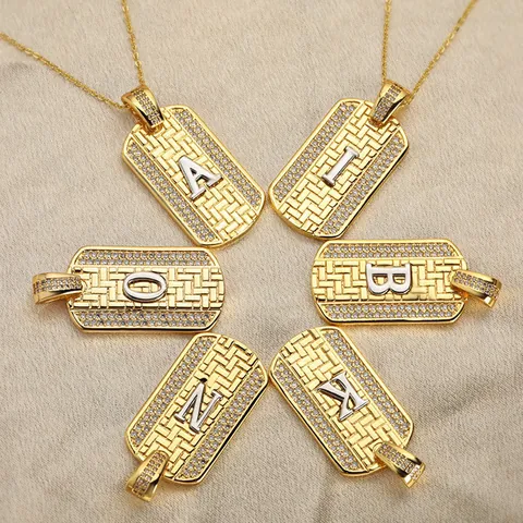 Hip Hop Initial Letter Pendant Necklace Iced Out Gold Plated Copper Rectangle Dog Tag Zirconia Men Women Jewelry Box Chain