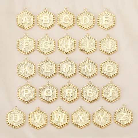 Brass 18K Gold Plated Hexagonal Alphabet Pendant For DIY Jewelry Making Necklaces Bracelets Earrings Initial Alphabet Charms