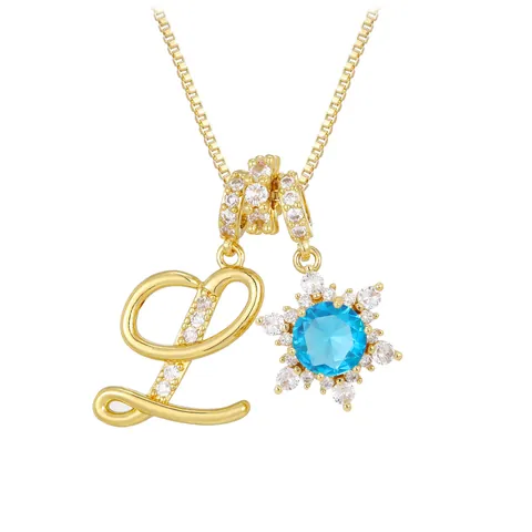 18K Gold Plated Copper Zircon Pavé Initial Letter Snowflake Pendant Necklace For Women Shiny Clavicle Box Chain Jewelry