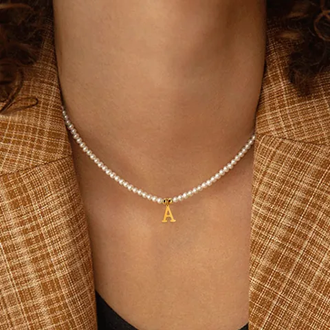 Initialen Letter Hanger Ketting Imitatieparels Roestvrij Staal Elegante Choker Voor Dames