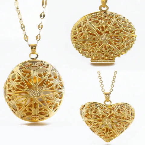 Vintage Hollow Filigree Locket Necklace Gold Silver Plated Copper Heart Oval Round Pendant Photo Frame Memorial Jewelry