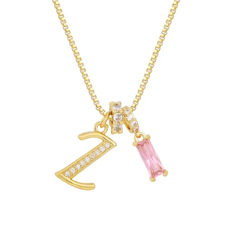 Collar Con Colgante de Letra Personalizada de Cobre Chapado en Oro 18K Circonia Rectangular Rosa Cadena Box Joyería Mujer