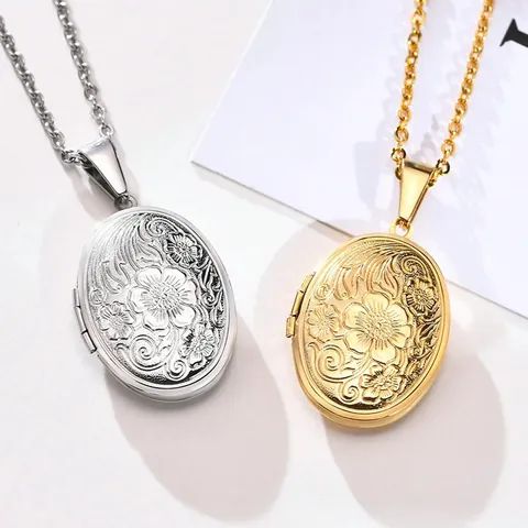 Vintage Floral Embossed Oval Locket Necklace For Photo Memory Openable Copper Gold Silver Pendant Necklace Jewelry For Women Men