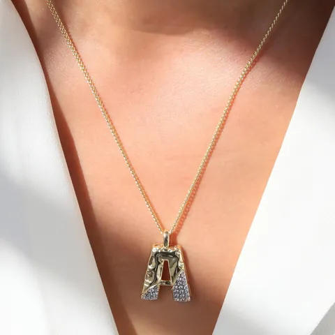 Messing Buchstaben Anhänger Halskette Für Damen Gold Plattiert Gehämmerte Textur Mikro Pave Zirkonia Alphabet Schmuck Kette