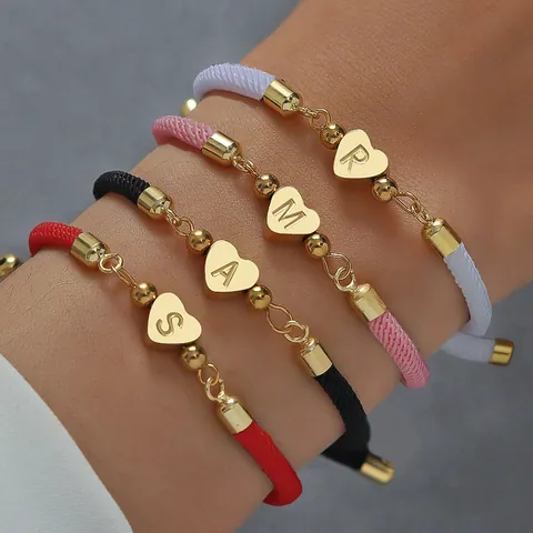 Verstellbares Handgefertigtes Geflochtenes Kordelarmband Vergoldete Legierung Herzform 26 Buchstaben Initialen Damen Schmuck