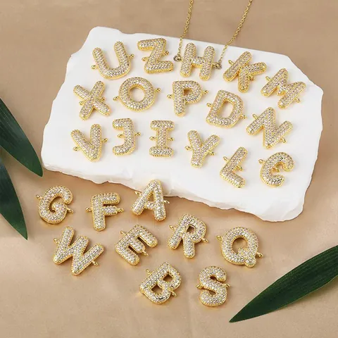 Ciondolo a 26 Lettere Inglesi in Zirconia Pave Placcato Rame Lettera a Bolla Accessori per Gioielli Fai da Te per Collana Donna