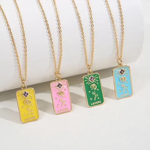 Tarot Card Style Rose Flower Pendant Necklace For Women Copper Gold Plated Enamel Zirconia Romantic Jewelry Gift Lovers