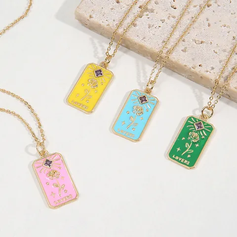 Tarot Card Style Rose Flower Pendant Necklace For Women Copper Gold Plated Enamel Zirconia Romantic Jewelry Gift Lovers