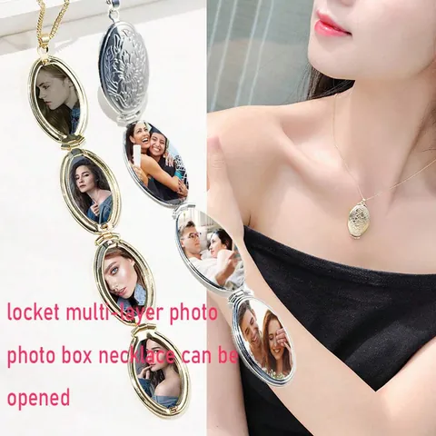 Vintage Edelstahl Kupfer Blumen Gravur Mehrschichtiges Foto Medaillon Anhänger Halskette Öffnbar Gedenkschmuck Für Damen