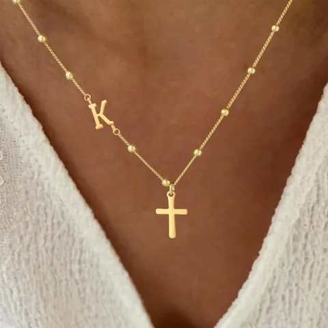Minimalist Stainless Steel Gold Initial Letter And Cross Pendant Necklace For Women Daily Commuter Fashion Jewelry Gift