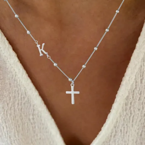Minimalist Stainless Steel Gold Initial Letter And Cross Pendant Necklace For Women Daily Commuter Fashion Jewelry Gift