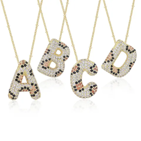 3D Bubble Alphabet Anhänger Halskette Kupfer Vergoldet Mit Leopardenmuster Bunten Zirkonen Modischer Initial Schmuck