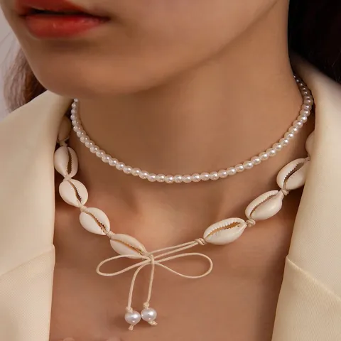 Collar Bohemio de Doble Capa con Concha y Perlas Artificiales Joyería Hecha a Mano para Vacaciones en la Playa de Hawái Accesorio Verano Mujer