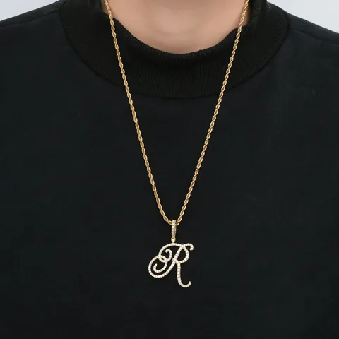 Hip Hop Initial Anhänger Halskette Kupfer Zirkonia Schreibschrift Buchstabe Alphabet Seilkette Schmuck Für Damen Herren Gold Silber Plattiert
