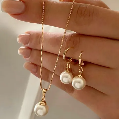 Elegant Faux Artificial Pearl Jewelry Set Gold Silver Plated Copper Box Chain Pendant Necklace Matching Hoop Earrings For Women Wedding Party Gift