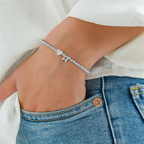 Women Stainless Steel Beaded Bracelet Personalized Heart Initial Alphabet Letter Charm Bracelet Gold Fashion Jewelry Gift For Her