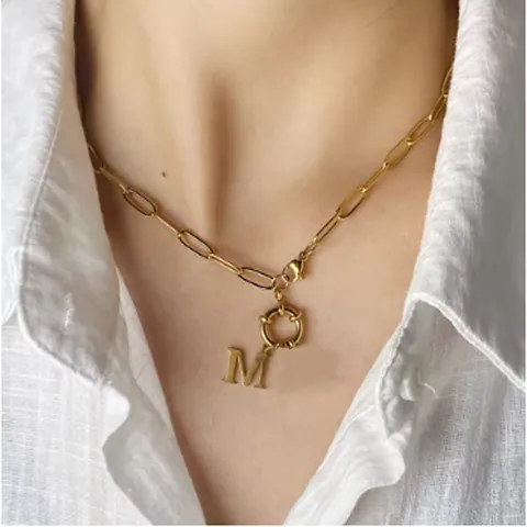 Stainless Steel Paperclip Chain Necklace OT Buckle Initial Alphabet Pendant Hip Hop Fashion Jewelry For Men Women Gift