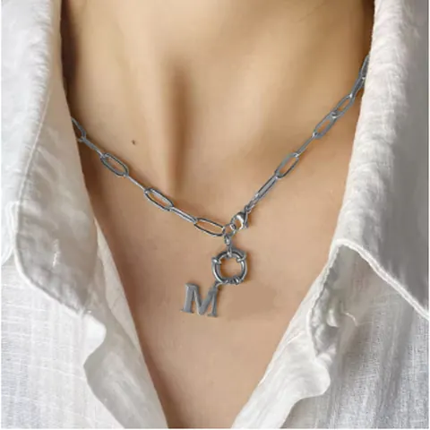 Stainless Steel Paperclip Chain Necklace OT Buckle Initial Alphabet Pendant Hip Hop Fashion Jewelry For Men Women Gift