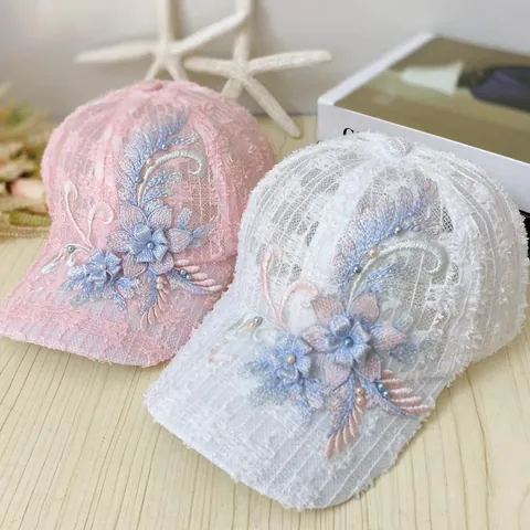 Women's Lace Mesh Baseball Cap With 3D Floral Embroidery Faux Artificial Pearl Sweet Sun Protection Summer Adjustable Breathable Mesh Hat