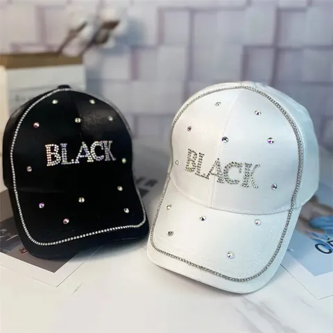 Berretto da Baseball da Donna alla Moda con Strass in Cotone Mercerizzato con Lettera Black Regolabile Streetwear All'aperto