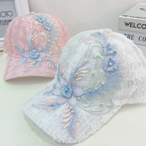 Women's Lace Mesh Baseball Cap With 3D Floral Embroidery Faux Artificial Pearl Sweet Sun Protection Summer Adjustable Breathable Mesh Hat