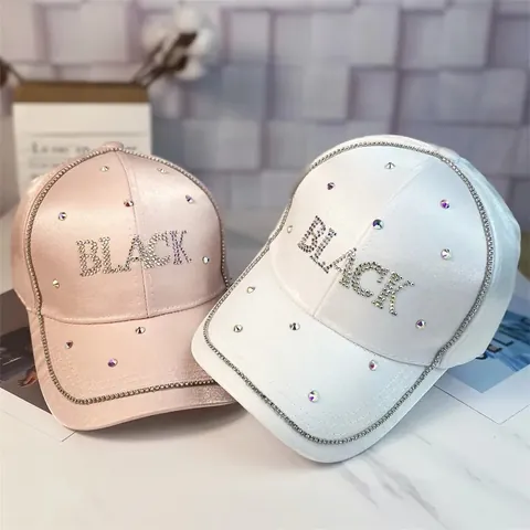 Berretto da Baseball da Donna alla Moda con Strass in Cotone Mercerizzato con Lettera Black Regolabile Streetwear All'aperto