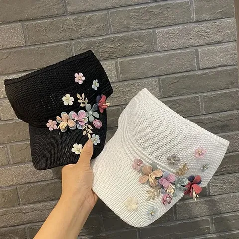 Women Knitted Empty Top Sun Hat Handmade Flower Rhinestone Metal Leaf Decor Breathable Adjustable Summer Vacation Visor Hat