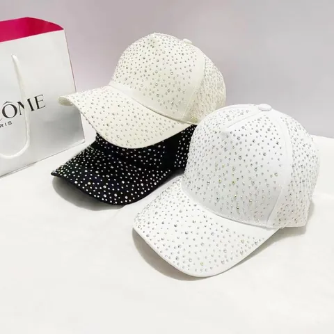 Women Fashion Full Rhinestone Baseball Cap High Top Curved Brim Adjustable Cotton Sun Hat Sparkling Bling Summer Party Hat