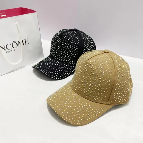 Women Fashion Full Rhinestone Baseball Cap High Top Curved Brim Adjustable Cotton Sun Hat Sparkling Bling Summer Party Hat