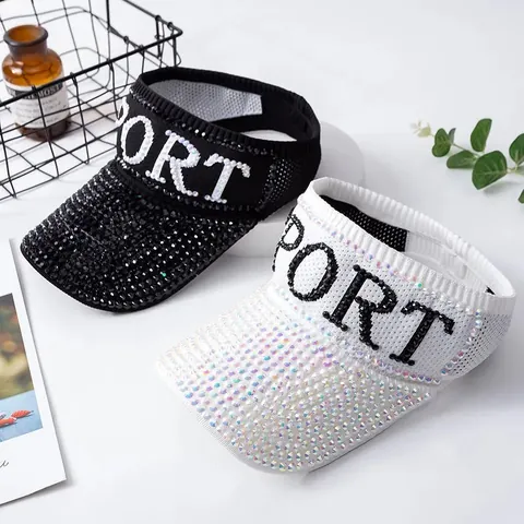 Women Rhinestone SPORT Sun Visor Hat Knitted Breathable Empty Top Sun Hat Outdoor Running Beach Sporty Cap UPF 50 Plus