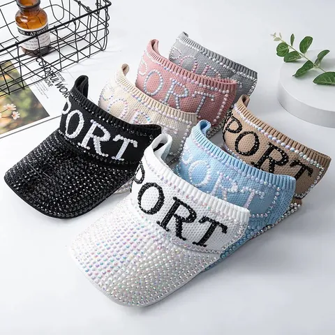 Women Rhinestone SPORT Sun Visor Hat Knitted Breathable Empty Top Sun Hat Outdoor Running Beach Sporty Cap UPF 50 Plus