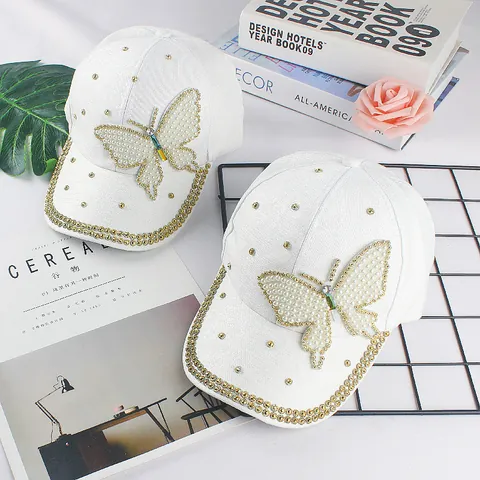 Women's Mercerized Cotton Baseball Cap With Pearl Butterfly Rhinestone Rivet Adjustable Fashion Sunshade Tongue Cap