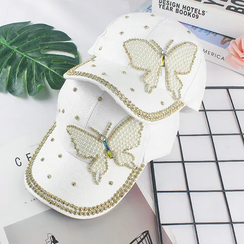 Women's Mercerized Cotton Baseball Cap With Pearl Butterfly Rhinestone Rivet Adjustable Fashion Sunshade Tongue Cap