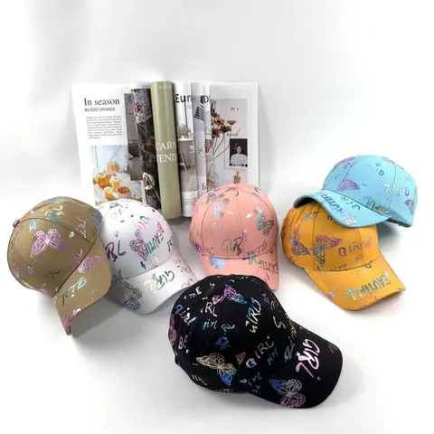 Berretto da Baseball Donna con Farfalla Stampata in Oro Stampa Lettere Cotone Cappello Sole Regolabile Moda Coreana Visiera