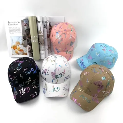 Berretto da Baseball Donna con Farfalla Stampata in Oro Stampa Lettere Cotone Cappello Sole Regolabile Moda Coreana Visiera