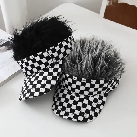 Novelty Checkered Visor Hat With Spiky Synthetic Wig Funny Outdoor Sunshade Cap For Men Women Party Gifts