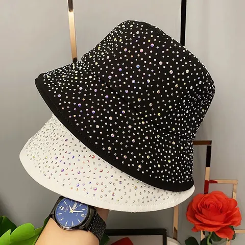 Women's Fashion Rhinestone Cotton Bucket Hat Sparkly Full Crystal Sun Hat Large Brim Foldable Summer Beach Basin Cap