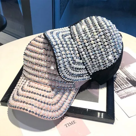 Women Fashion Artificial Pearl Rhinestone Baseball Cap Luxury Mercerized Cotton Adjustable Sun Hat Shiny Beaded Duck Tongue Cap