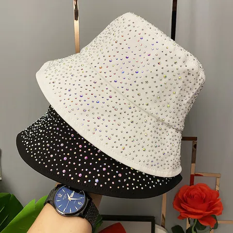 Women's Fashion Rhinestone Cotton Bucket Hat Sparkly Full Crystal Sun Hat Large Brim Foldable Summer Beach Basin Cap