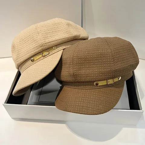 Dames Vintage Krantenjongenspet Wafelstructuur Baker Boy Hoed Met Metalen Gesp Britse Stijl Retro Achthoekige Hoed Herfst Winter Mode Accessoire