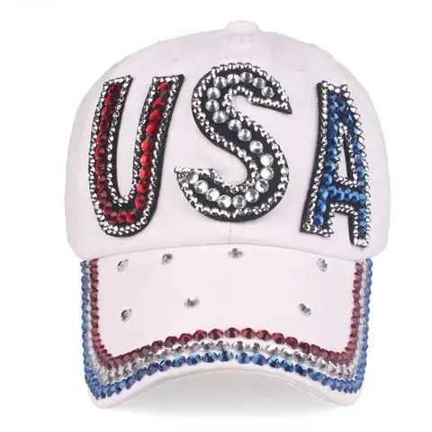 USA Rhinestone Baseball Cap Patriotic American Flag Crystal Studded Cotton Denim Adjustable Fashion Sun Protection Hat
